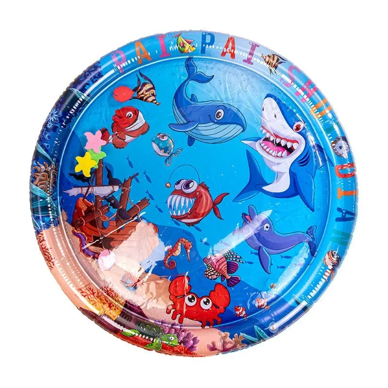 Blue inflatable pet water bed with dolphin design, showing water filling port.