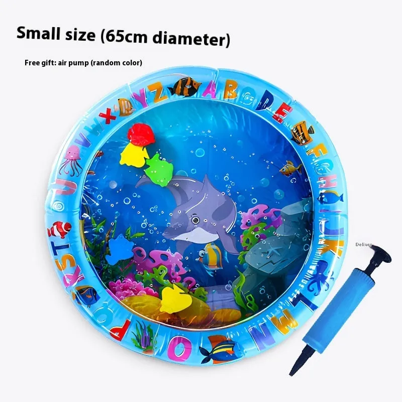 Blue inflatable pet water bed with dolphin design, showing water filling port.