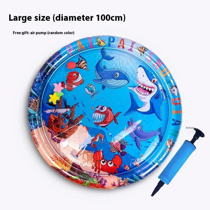 Blue inflatable pet water bed with dolphin design, showing water filling port.