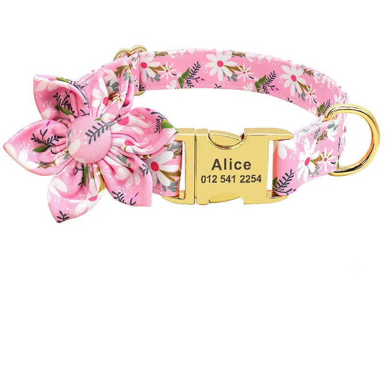 Personalised nylon dog collar with engraved ID tag and removable flower for small to large dogs