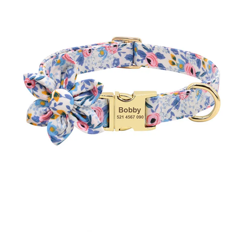 Personalised nylon dog collar with engraved ID tag and removable flower for small to large dogs