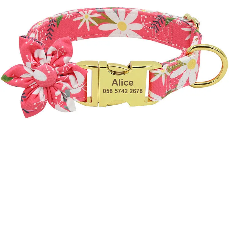 Personalised nylon dog collar with engraved ID tag and removable flower for small to large dogs