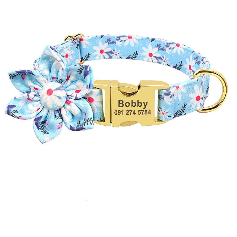 Personalised nylon dog collar with engraved ID tag and removable flower for small to large dogs
