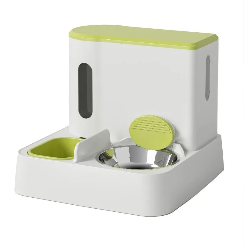 Grey automatic cat feeder with integrated water dispenser and stainless steel bowl