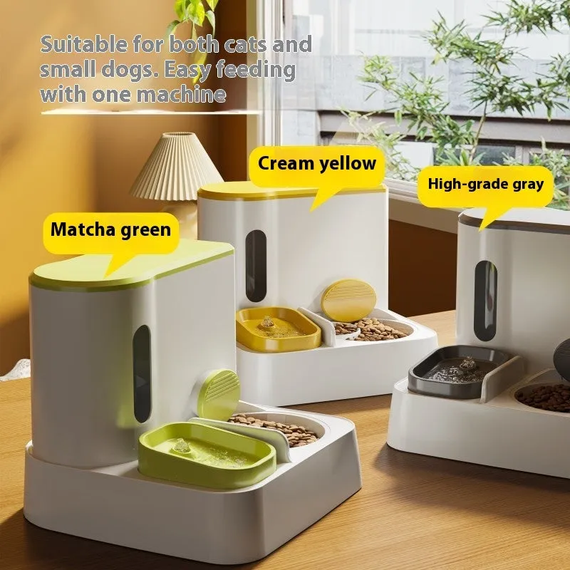 Grey automatic cat feeder with integrated water dispenser and stainless steel bowl