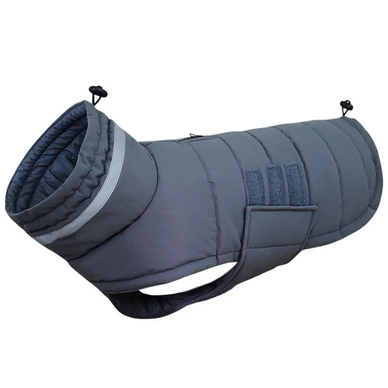 Grey winter dog coat with thickened filling and waterproof nylon outer for medium large dogs
