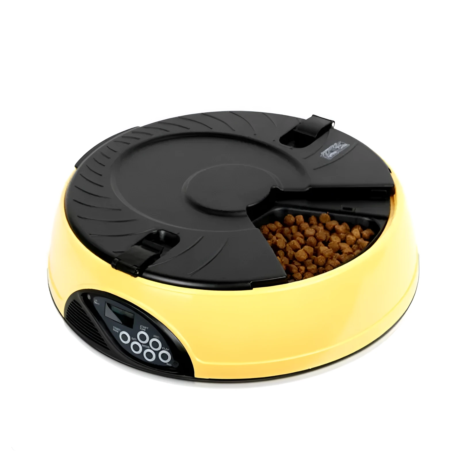 Pet automatic feeder with 6 slots, voice recorder, ABS plastic, 330ml capacity, yellow colour option