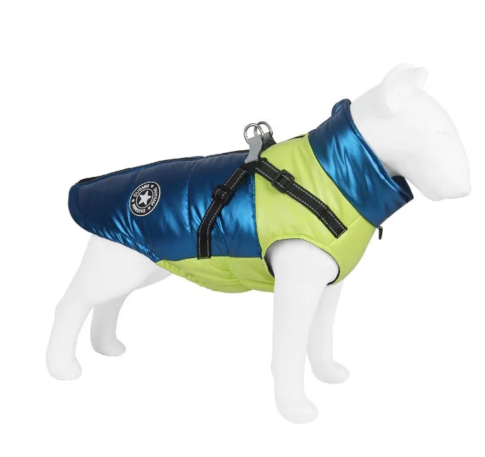 Polyester cotton dog coat with hook and loop closure in yellow, pink, green and orange on a white background