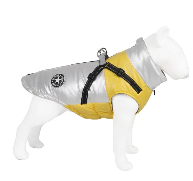 Polyester cotton dog coat with hook and loop closure in yellow, pink, green and orange on a white background