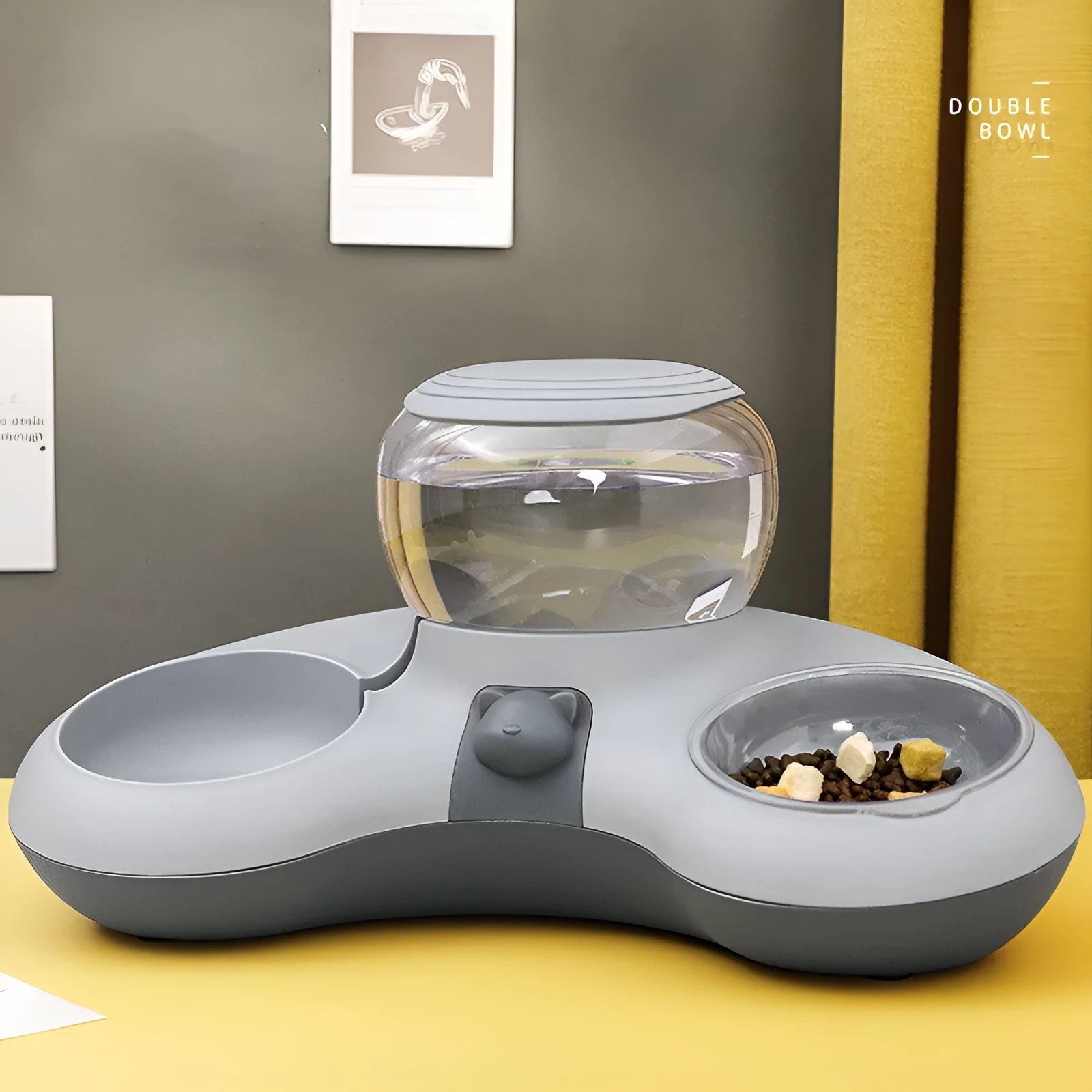 Crescent automatic drinking water and feeding double bowl for cats, 39x16x20cm, grey PP PET AS plastic