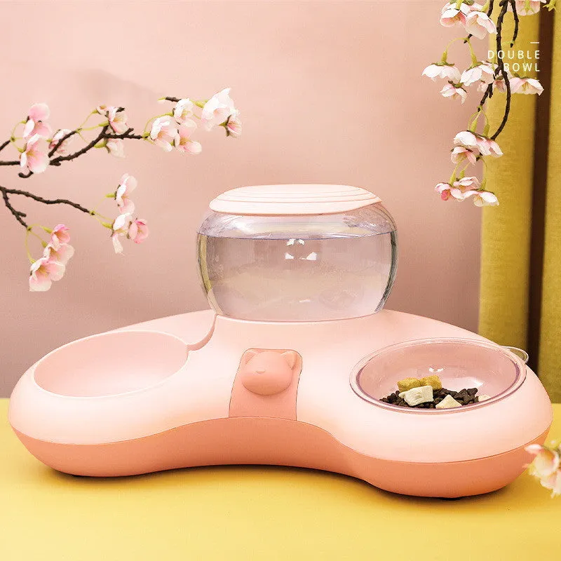 Crescent automatic drinking water and feeding double bowl for cats, 39x16x20cm, grey PP PET AS plastic