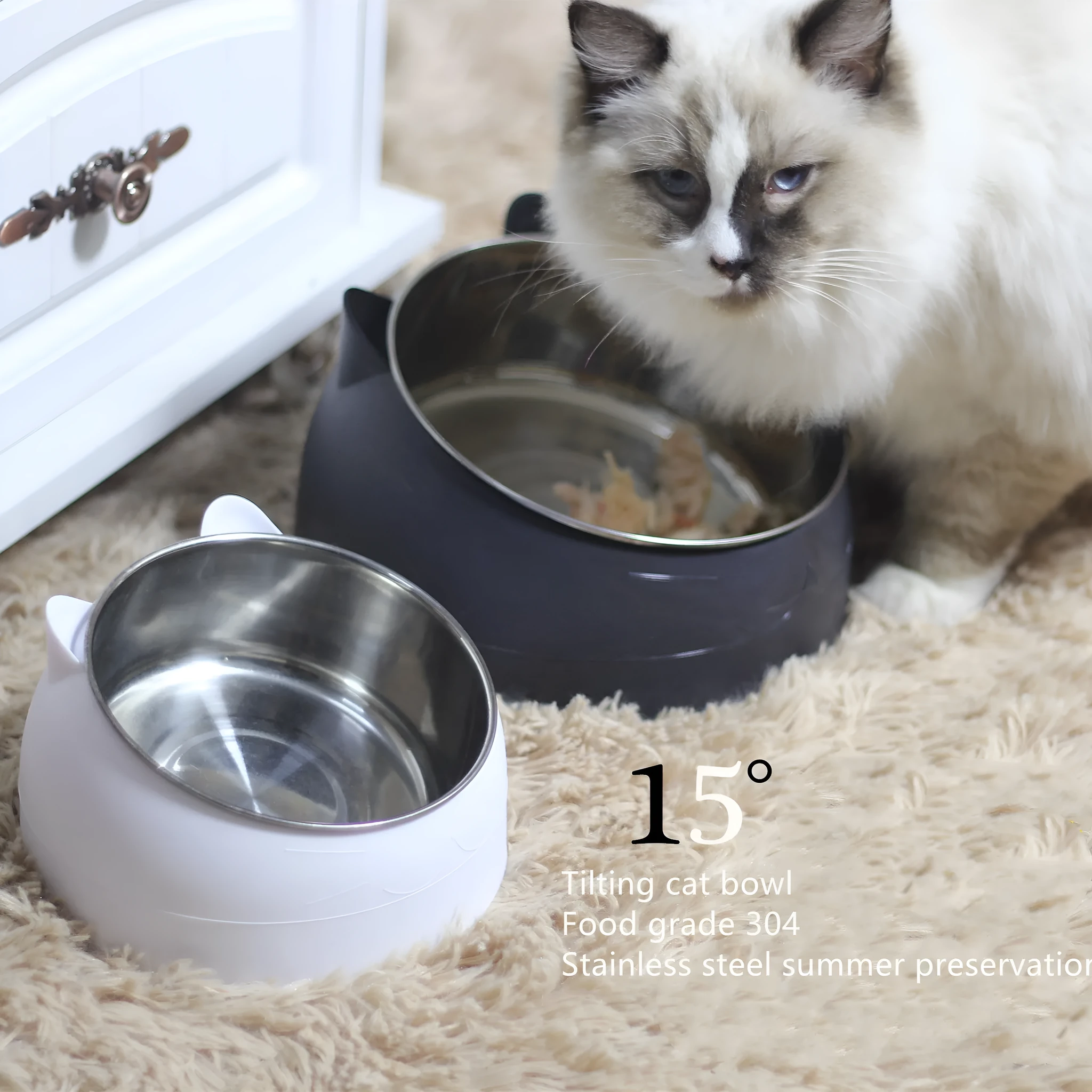 Protective cervical cat bowl oblique mouth pet bowl in food-grade PC with 304 stainless steel liner, anti-knock base, blue colour, M size