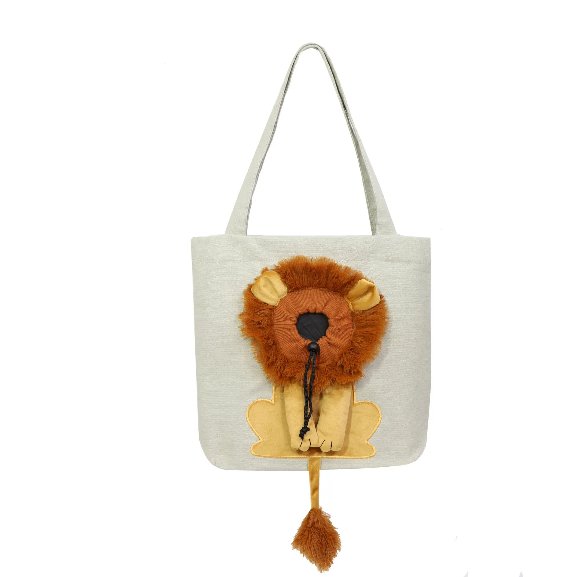 Canvas lion design pet carrier bag with safety zippers, adjustable opening, double shoulder strap, available in multiple colours
