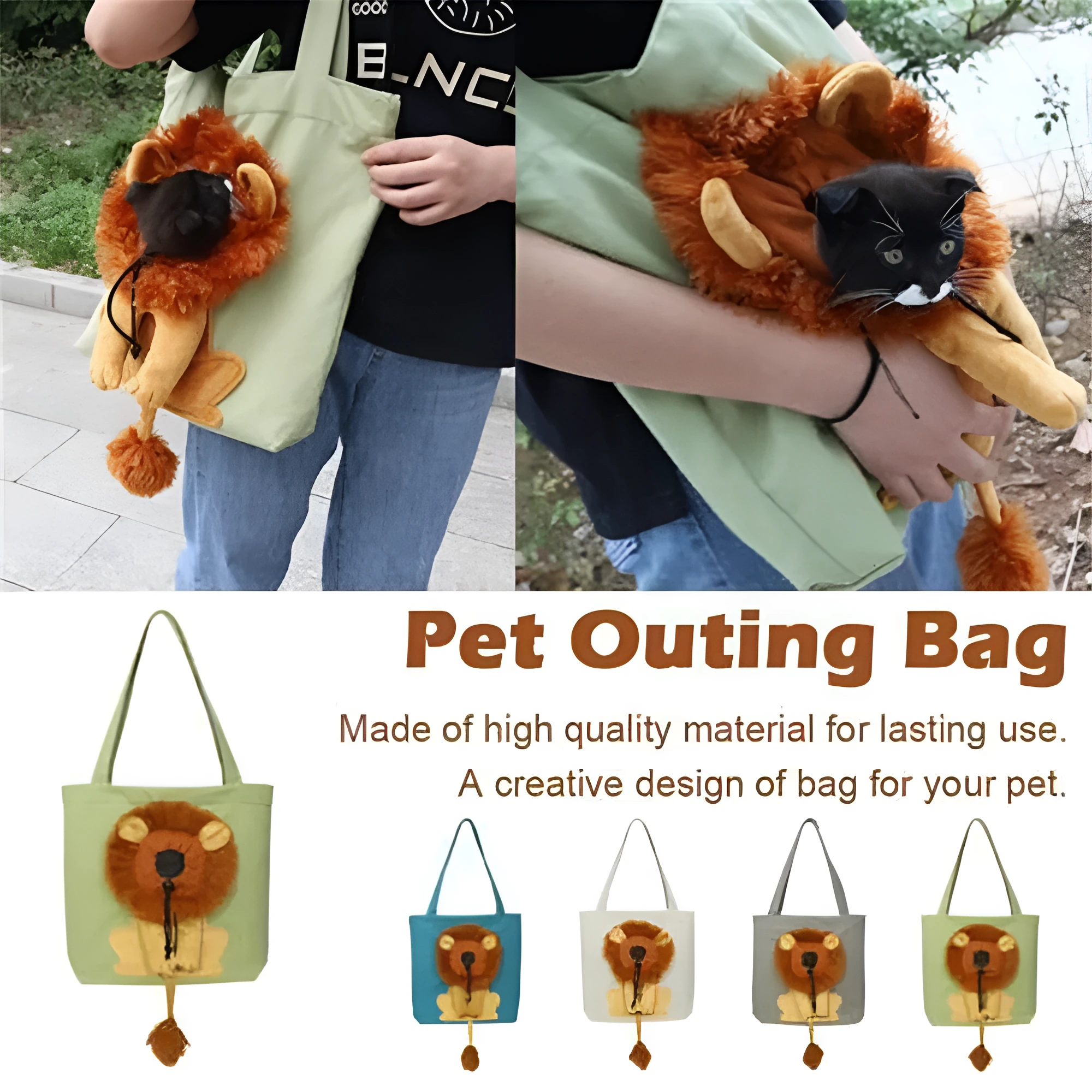 Canvas lion design pet carrier bag with safety zippers, adjustable opening, double shoulder strap, available in multiple colours
