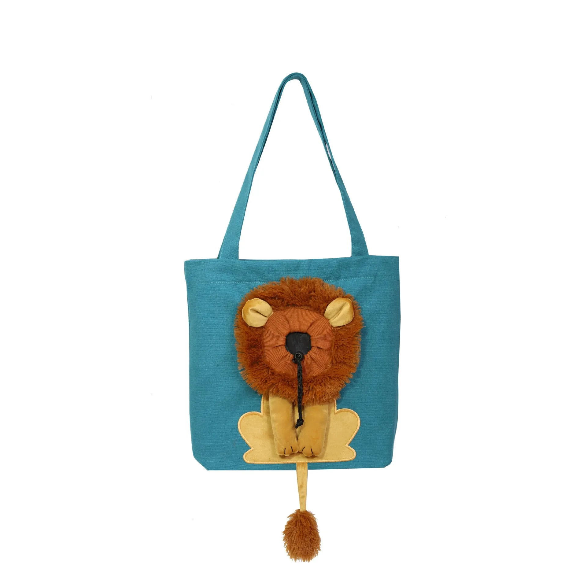 Canvas lion design pet carrier bag with safety zippers, adjustable opening, double shoulder strap, available in multiple colours