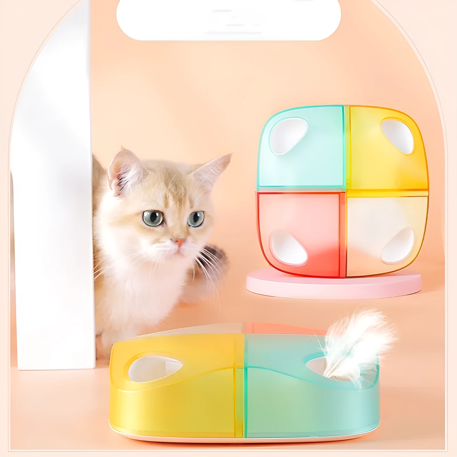 Automatic teasing cat feather toy with green ABS body and PC panel, rechargeable lithium battery, and vibration induction for interactive play
