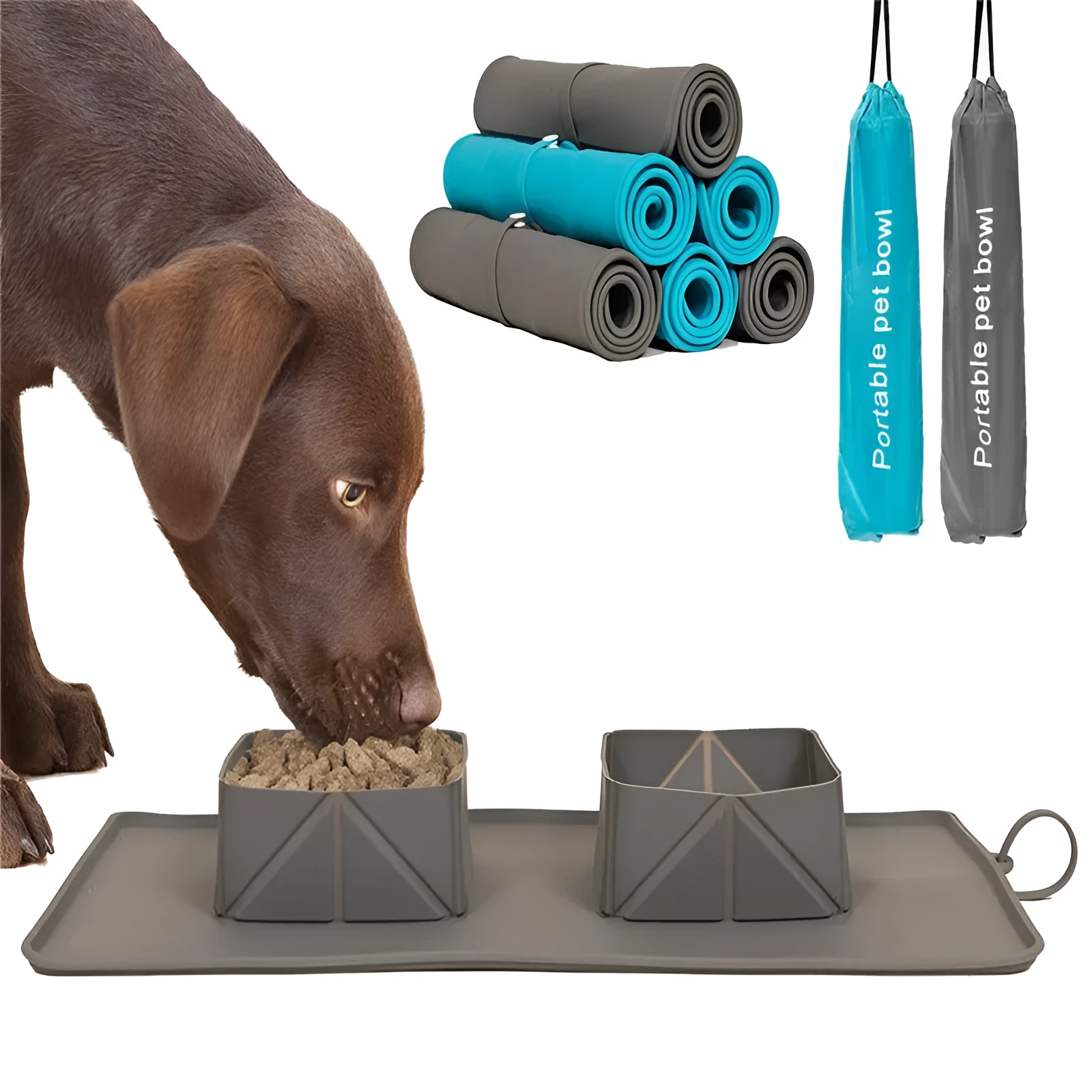 Green silicone travel bowl for dogs and cats, foldable with dual compartments, 600 ml capacity