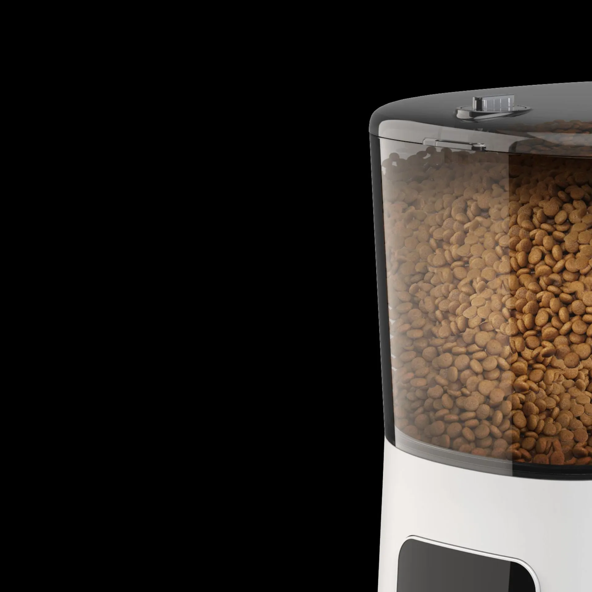 Automatic plastic pet feeder disassembled into 4 parts pan and grain barrel for cleaning