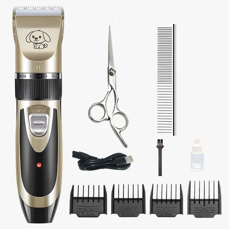 Golden professional cordless pet grooming clipper kit with ceramic titanium blade, four guide combs, nail clippers, and file on a table