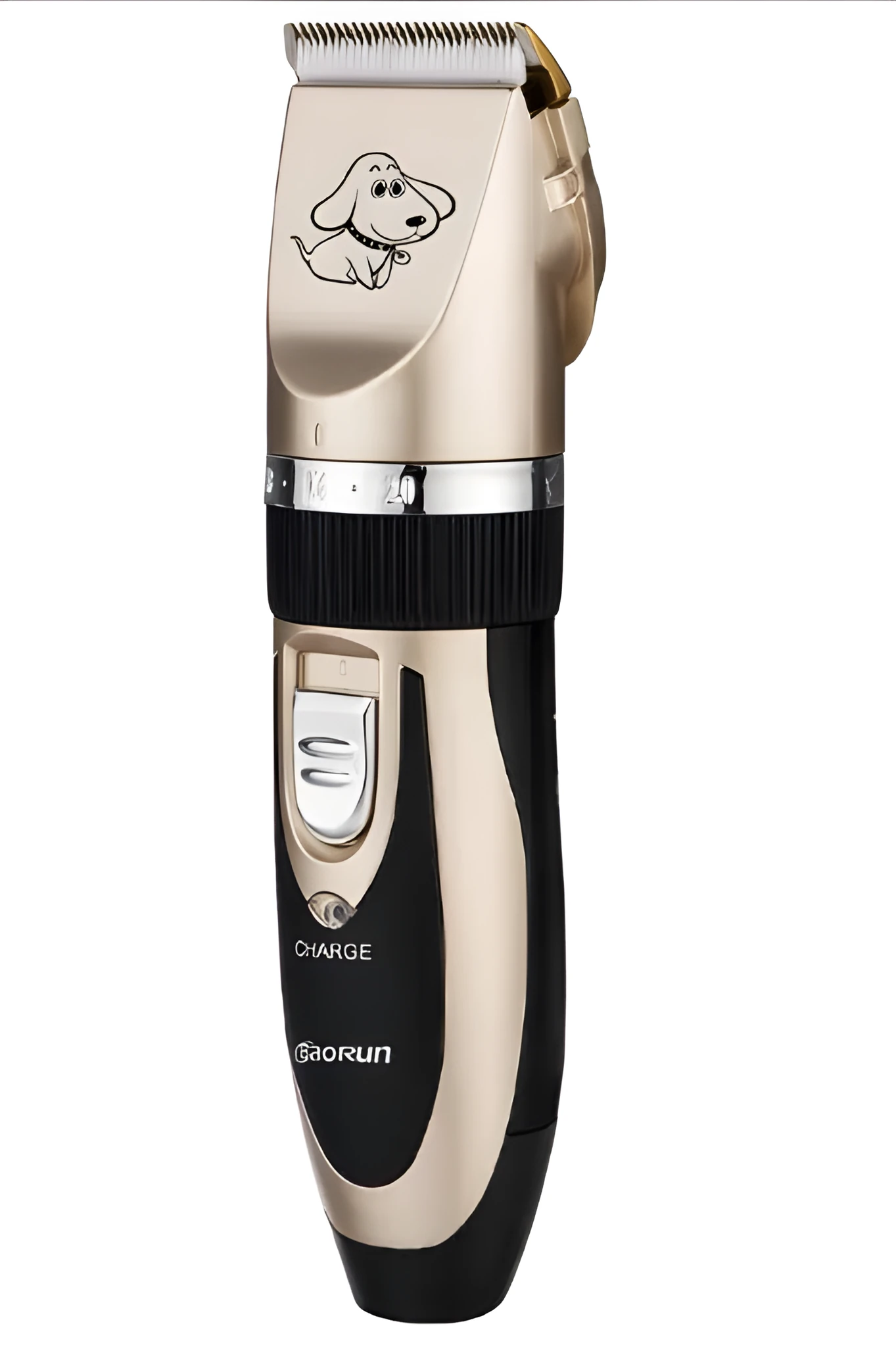 Golden professional cordless pet grooming clipper kit with ceramic titanium blade, four guide combs, nail clippers, and file on a table