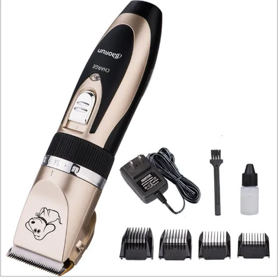 Golden professional cordless pet grooming clipper kit with ceramic titanium blade, four guide combs, nail clippers, and file on a table