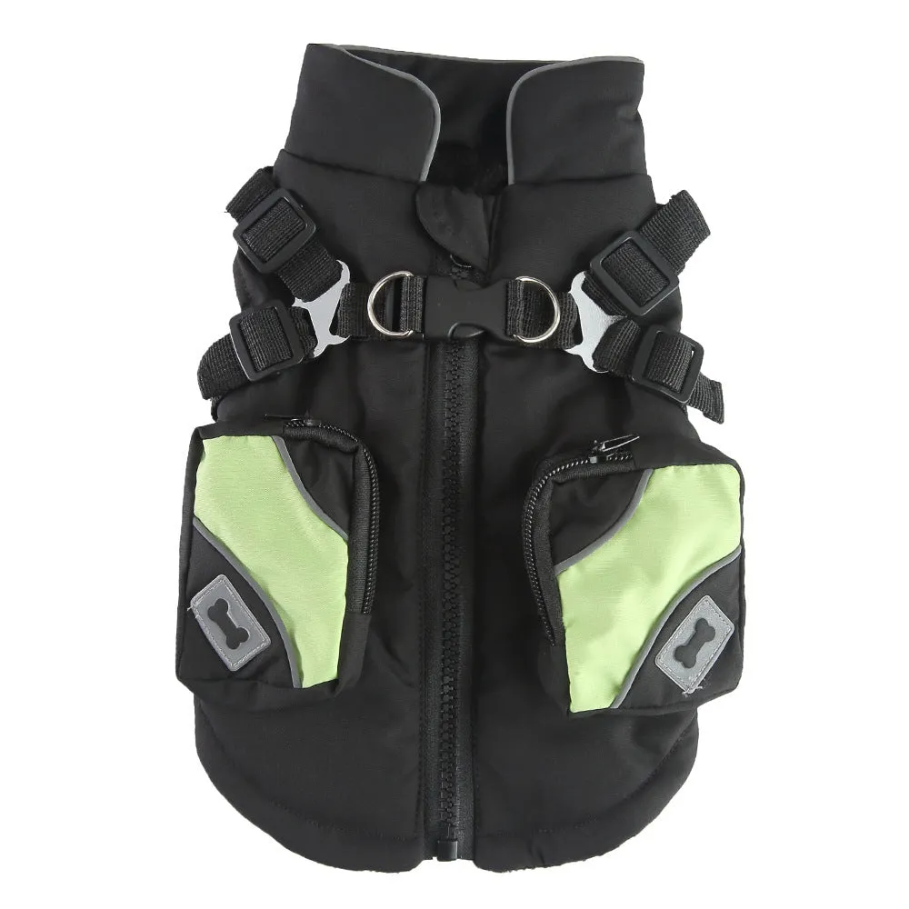 Pet winter cotton dog jacket with zipper in black on a dog outdoors