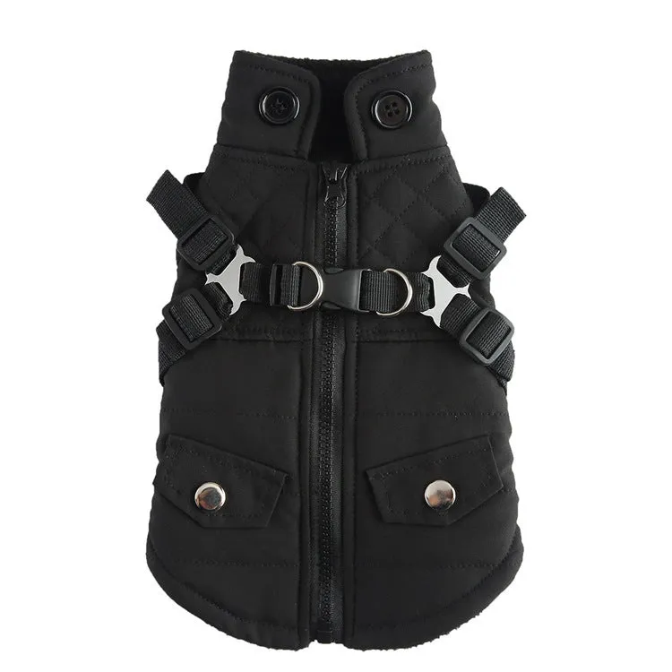 Pet winter cotton dog jacket with zipper in black on a dog outdoors