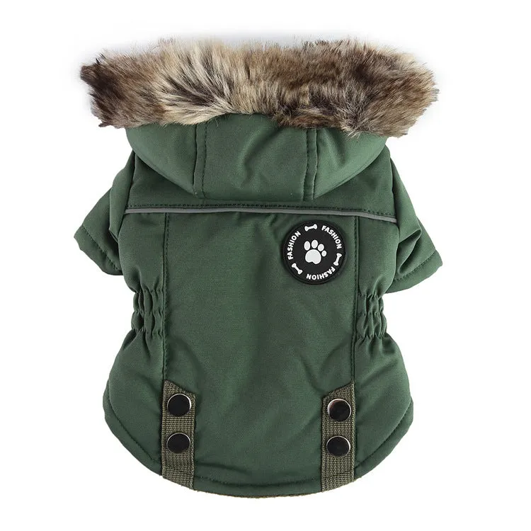 Pet winter cotton dog jacket with zipper in black on a dog outdoors