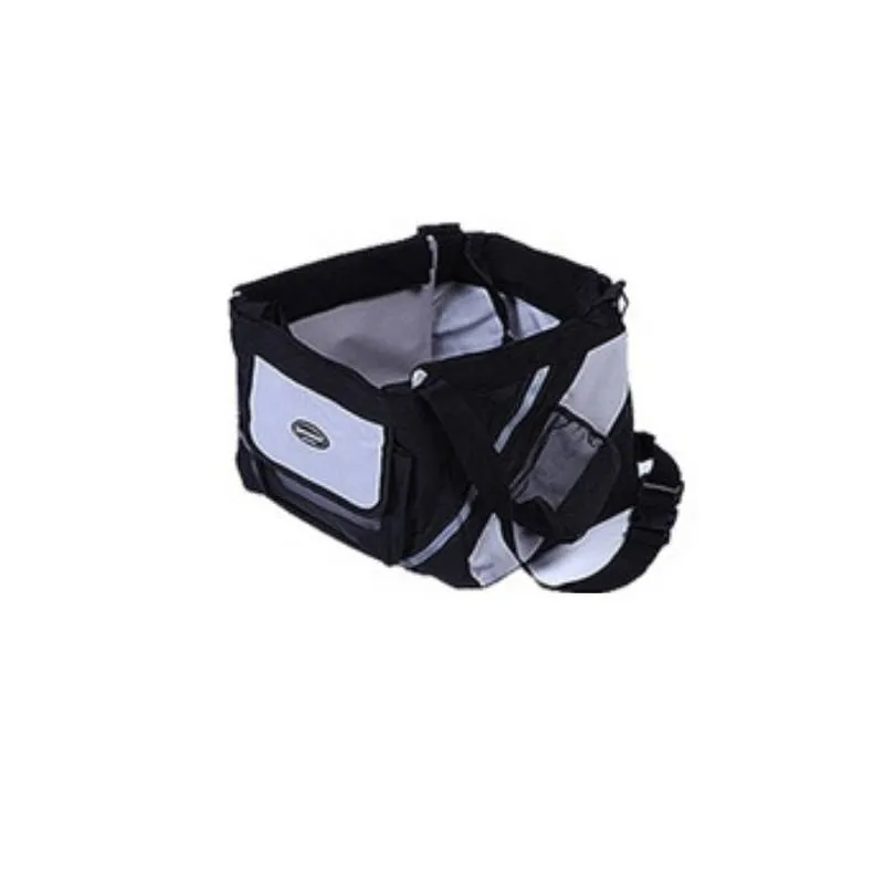 Pet bicycle carrier in Oxford material for small cats and dogs, attached to handlebars with traction hook visible