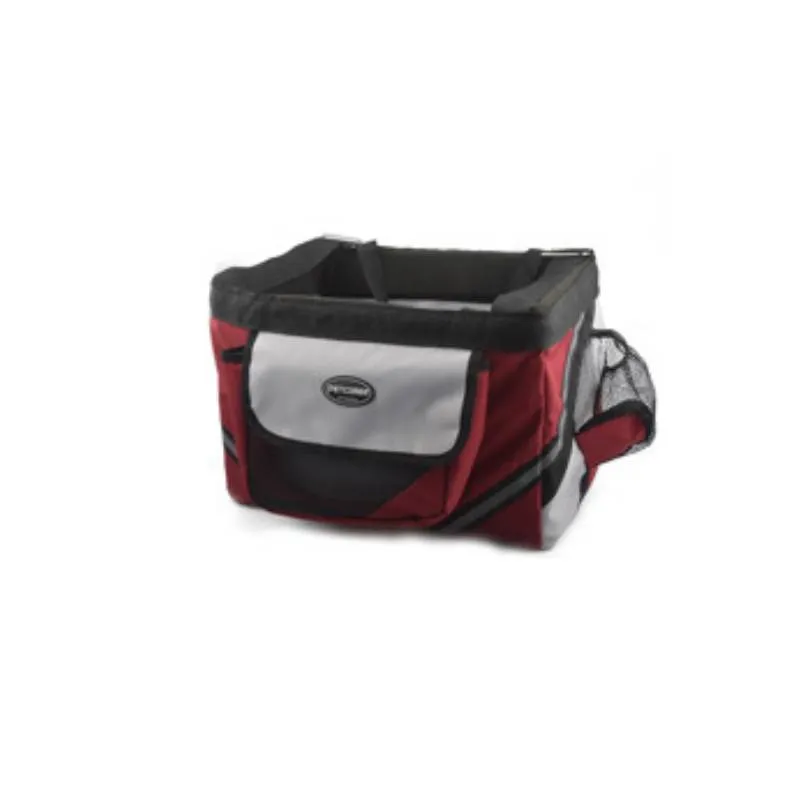 Pet bicycle carrier in Oxford material for small cats and dogs, attached to handlebars with traction hook visible