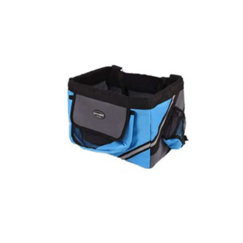 Pet bicycle carrier in Oxford material for small cats and dogs, attached to handlebars with traction hook visible