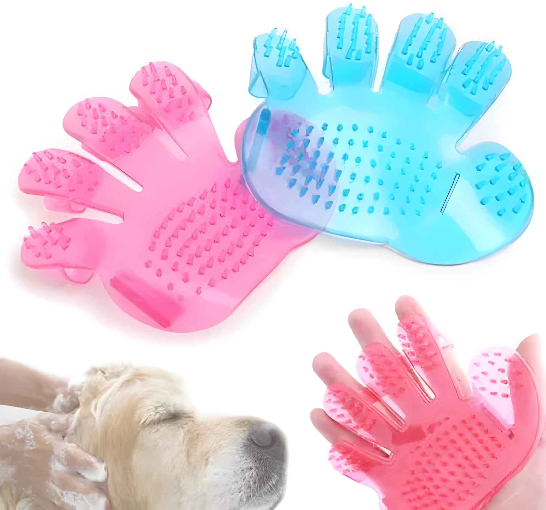Pet finger grooming brush massage hand brush on a hand, soft rubber bristles, blue colour, for cat or dog bath
