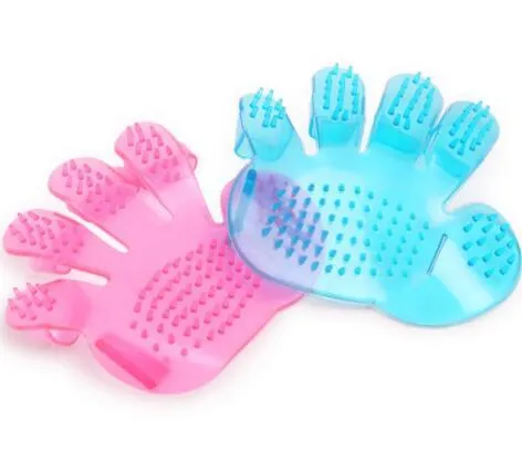 Pet finger grooming brush massage hand brush on a hand, soft rubber bristles, blue colour, for cat or dog bath