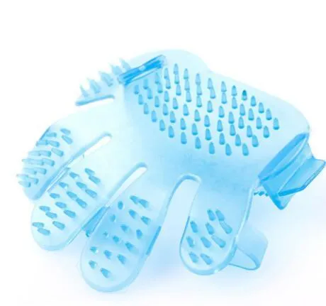 Pet finger grooming brush massage hand brush on a hand, soft rubber bristles, blue colour, for cat or dog bath