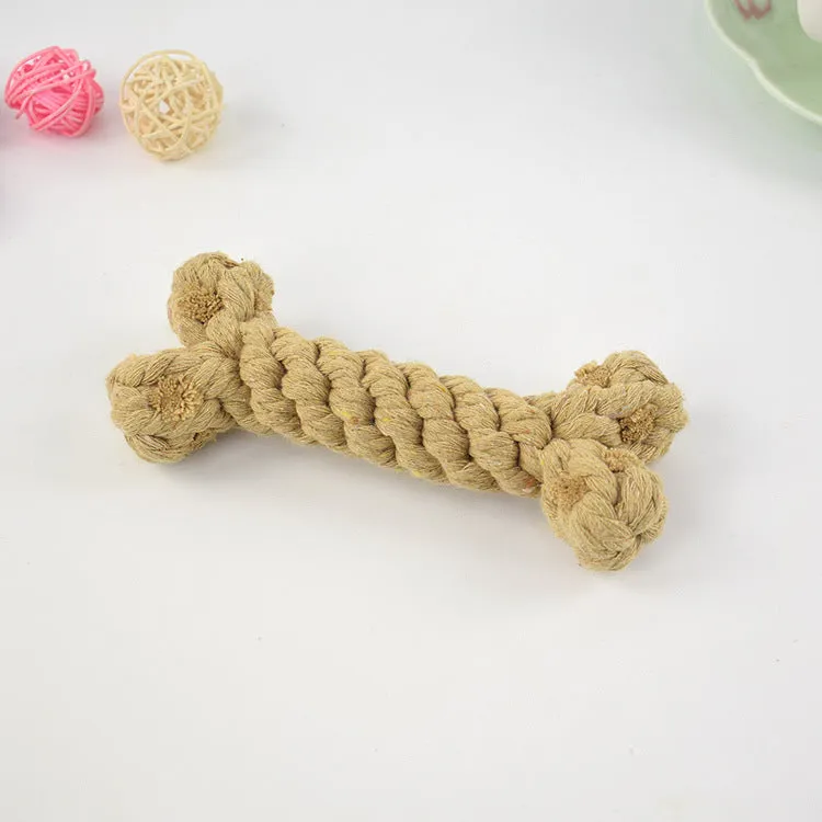 Cotton rope knot dog bone toy approximately 15cm long in blue colour on white background
