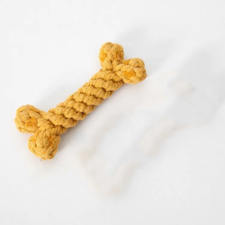 Cotton rope knot dog bone toy approximately 15cm long in blue colour on white background
