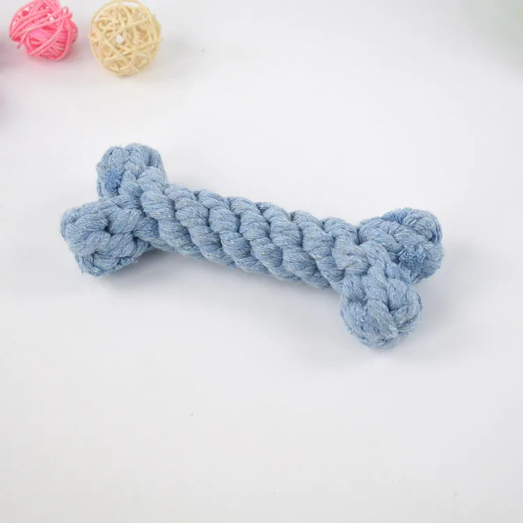 Cotton rope knot dog bone toy approximately 15cm long in blue colour on white background
