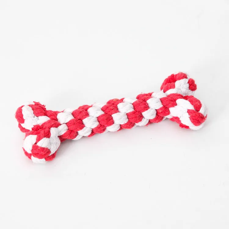 Cotton rope knot dog bone toy approximately 15cm long in blue colour on white background