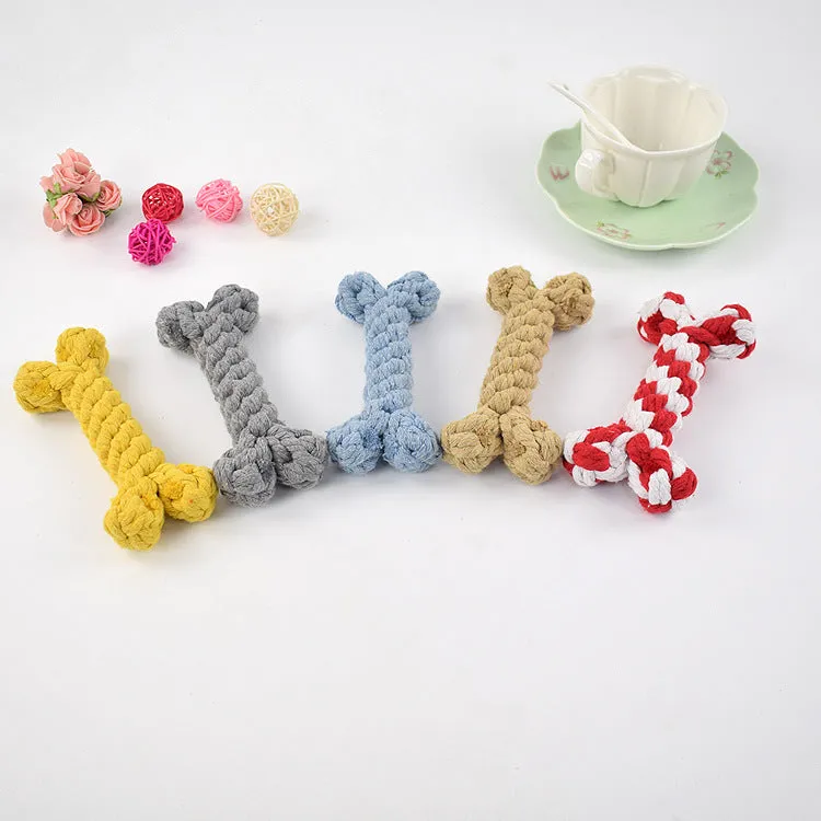 Cotton rope knot dog bone toy approximately 15cm long in blue colour on white background