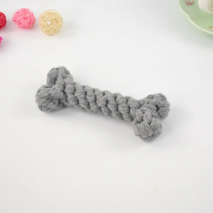 Cotton rope knot dog bone toy approximately 15cm long in blue colour on white background