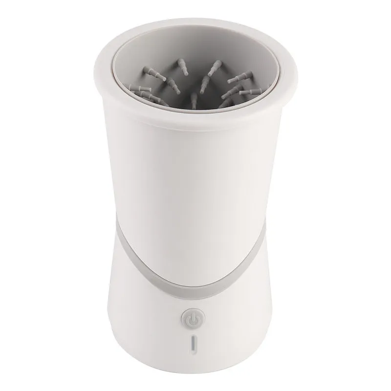White pet electric foot washer with 11.5cm diameter and 17.5cm height, ABS plastic construction