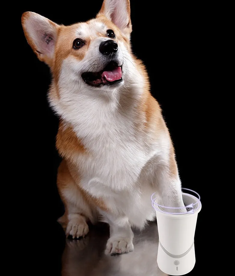 White pet electric foot washer with 11.5cm diameter and 17.5cm height, ABS plastic construction