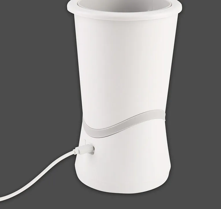 White pet electric foot washer with 11.5cm diameter and 17.5cm height, ABS plastic construction