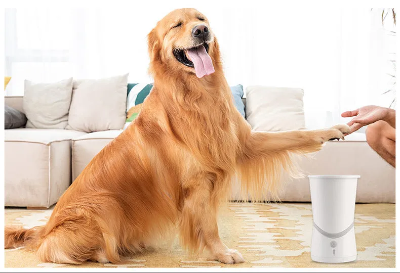 White pet electric foot washer with 11.5cm diameter and 17.5cm height, ABS plastic construction