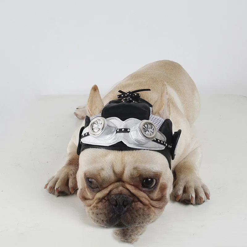 Pilot hat pet costume for cats and dogs in black leather with elastic band