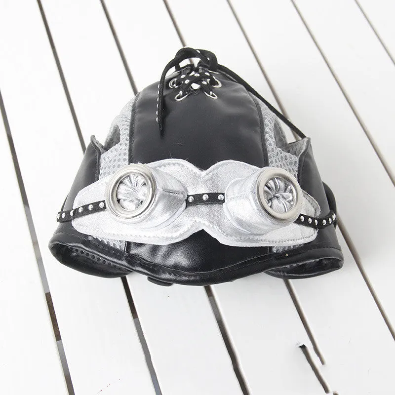 Pilot hat pet costume for cats and dogs in black leather with elastic band