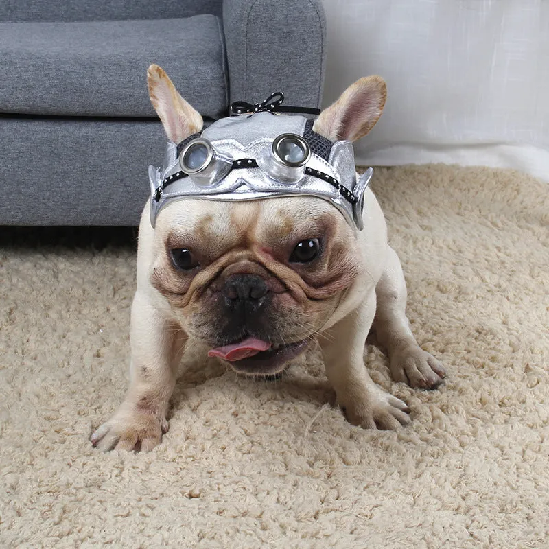 Pilot hat pet costume for cats and dogs in black leather with elastic band