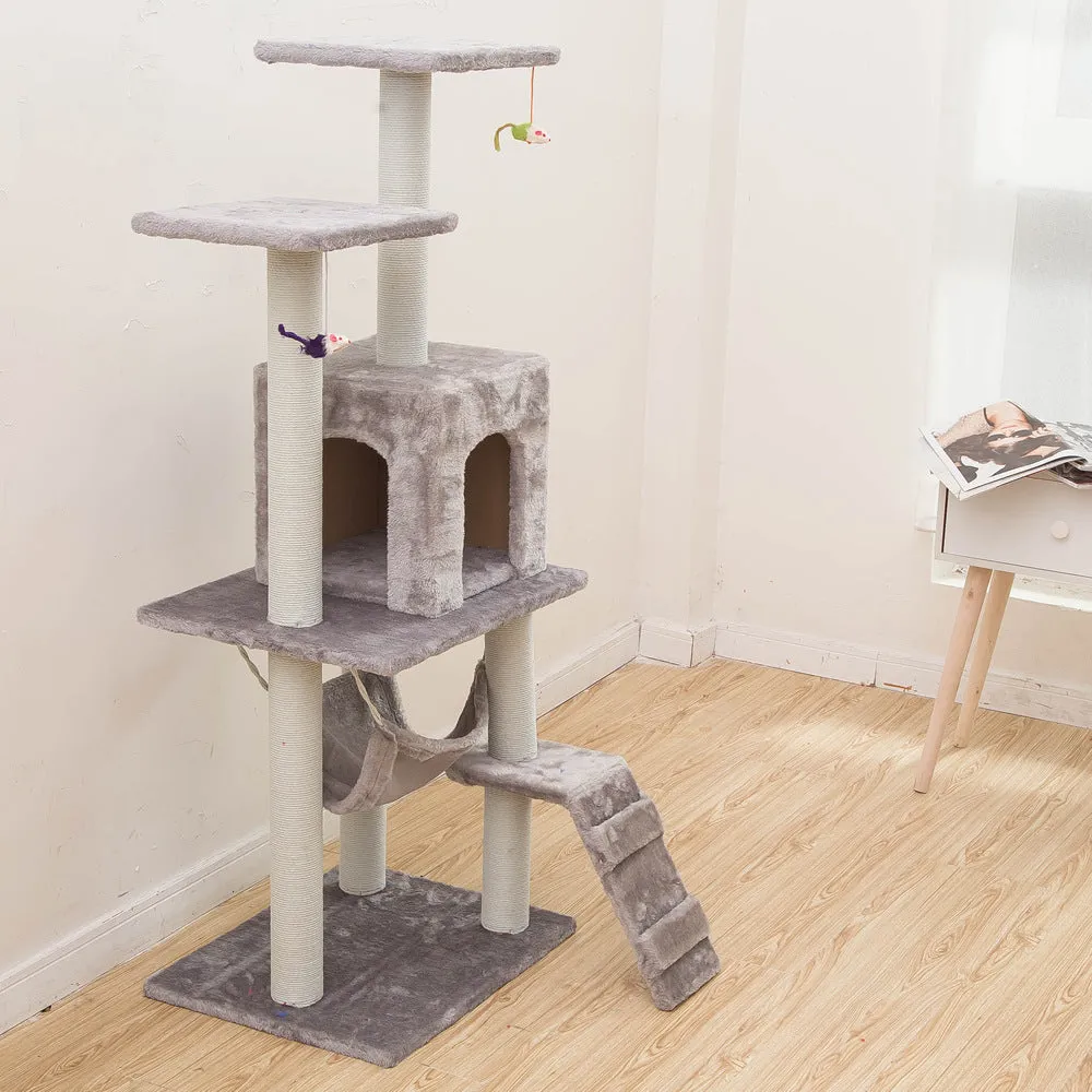 125cm cat climbing frame with soft wool cloth cover, beige colour, with nest and tray