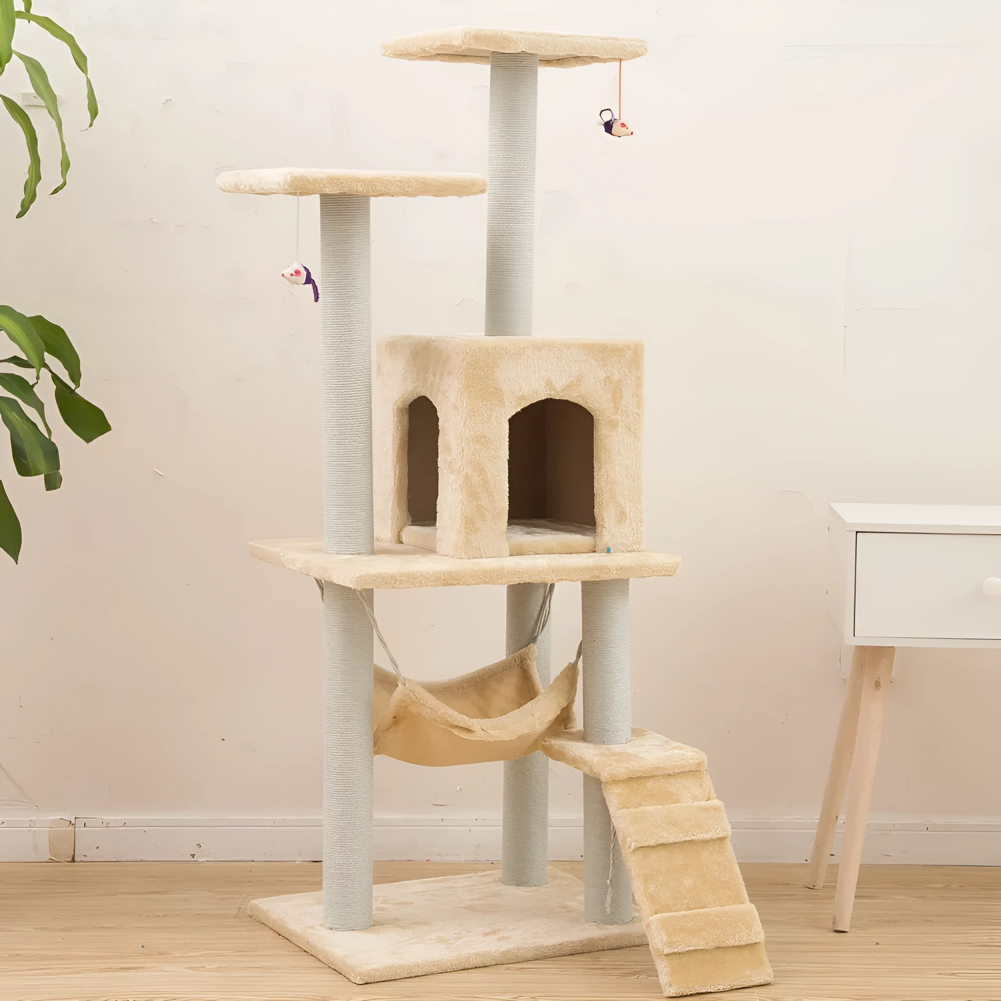 125cm cat climbing frame with soft wool cloth cover, beige colour, with nest and tray
