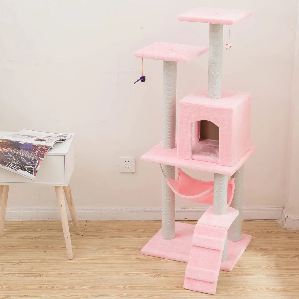 125cm cat climbing frame with soft wool cloth cover, beige colour, with nest and tray